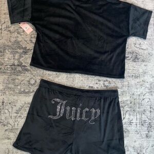JUICY COUTURE Pajama Set T-shirt Top Sleep Shorts Velour Black Bling Logo Size L